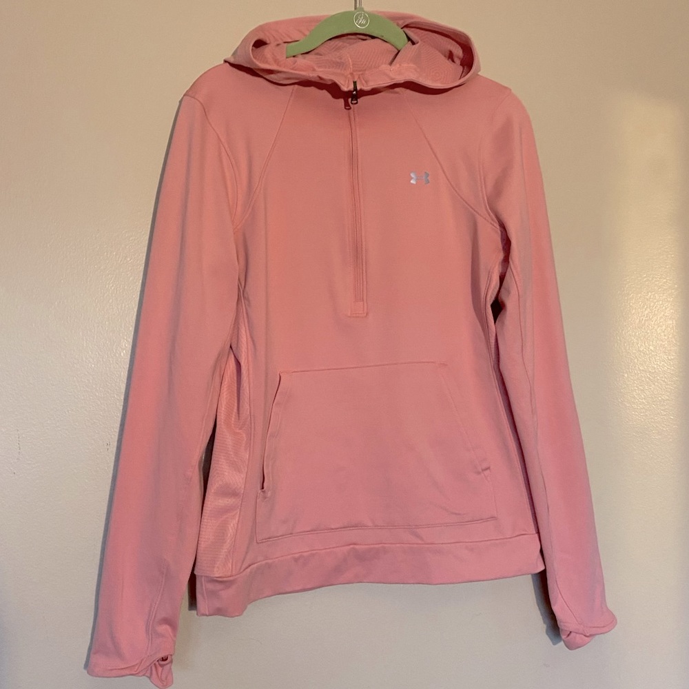 Under Armour Cold Gear Pink 1/4 Zip Hooded Lind Sleeve Shirt Size Medium EUC